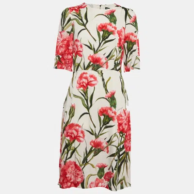 Pre-owned Dolce & Gabbana White Floral Silk Midi Dress M In Beige