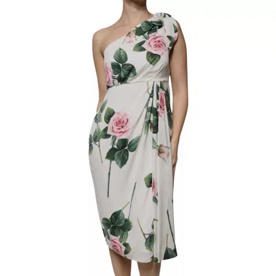 Pre-owned Dolce & Gabbana White Floral Silk One Shoulder Midi Women's Dress ()
