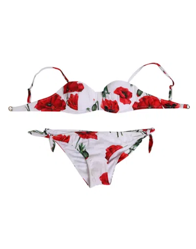 Dolce & Gabbana White Floral Swimsuit 2 Piece Top Bottom Swimwear In Blue
