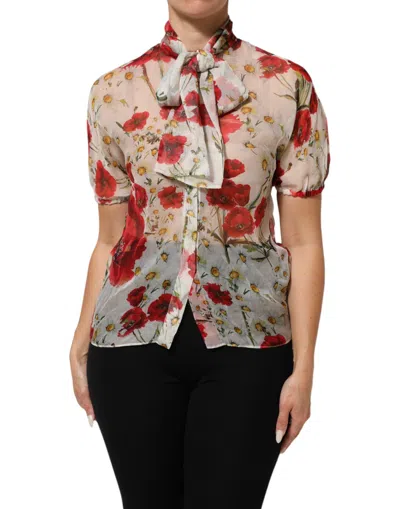 Dolce & Gabbana White Floral Tie-neck Poppy Print Blouse Top In Multi