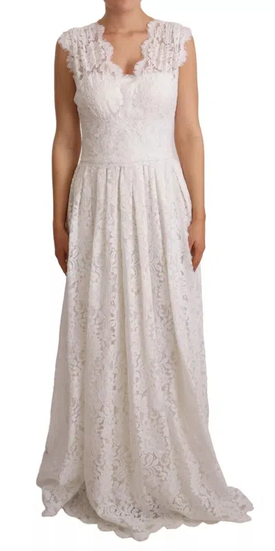 Pre-owned Dolce & Gabbana White Flower Lace Corsage Long Maxi Women's Dress ()