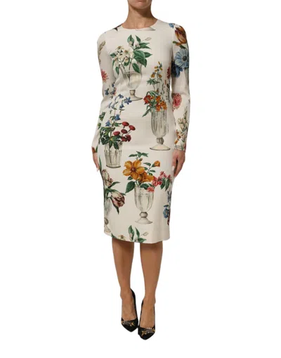Pre-owned Dolce & Gabbana White Flower Vase Silk Sheath Midi Women's Dress ()