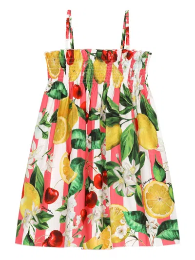Dolce & Gabbana Kids' White Fruit Print Smock Dress In Yellow