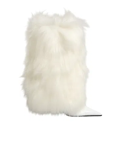 Dolce & Gabbana White Fur Pointed Knee High Stiletto Boots Shoes