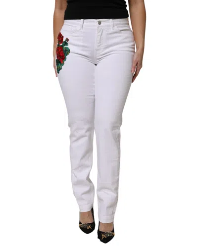 Pre-owned Dolce & Gabbana White Girly Floral Embroidery Denim Women's Jeans ()