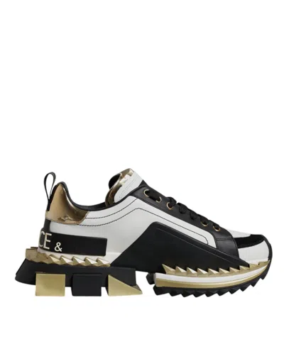 Dolce & Gabbana White Gold Black Leather Super King Sneakers Shoes In Multi