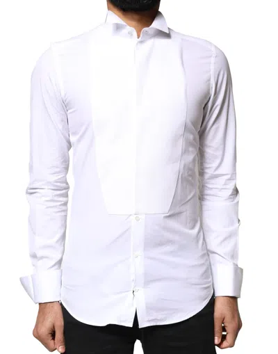 Dolce & Gabbana White Gold Cotton Poplin Bib Formal Men Dress Shirt