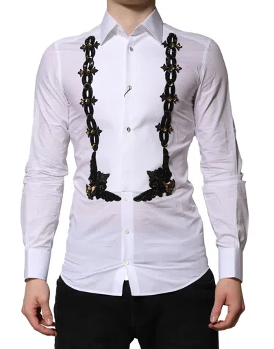 Pre-owned Dolce & Gabbana White Gold Embellished Formal Men Dress Men's Shirt ()