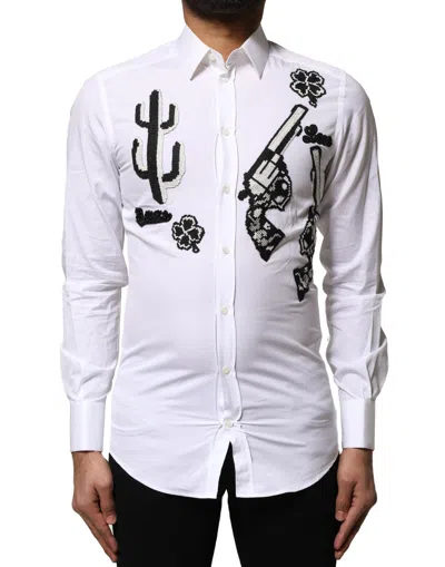 Pre-owned Dolce & Gabbana White Gold Embroidery Detailed Dress Men's Shirt ()