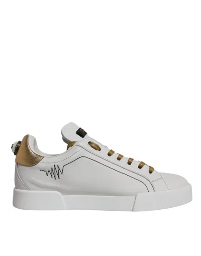 Pre-owned Dolce & Gabbana White Gold Leather Low Top Sneakers Women's Shoes ()