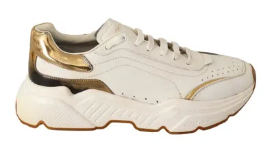 Dolce & Gabbana White Gold Leather Sport Daymaster Sneakers Shoes In Metallic