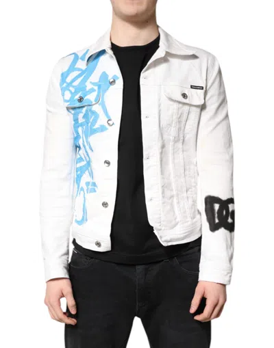 Pre-owned Dolce & Gabbana White Graffiti Cotton Stretch Denim Men's Jacket ()
