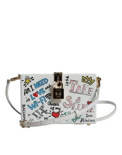 Pre-owned Dolce & Gabbana White Graffiti Print Clutch Crossbody Women's Bag ()