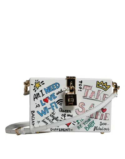 Pre-owned Dolce & Gabbana White Graffiti Print Clutch Crossbody Women's Bag ()