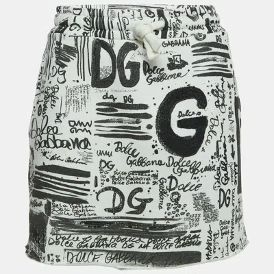 Pre-owned Dolce & Gabbana White Graffiti Print Cotton Drawstring Mini Skirt M
