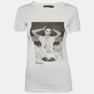 Pre-owned Dolce & Gabbana White Graphic Print Jersey Crewneck T-shirt Xs