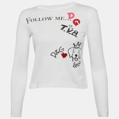 Pre-owned Dolce & Gabbana White Graphic Print Logo Detail T-shirt 7/8 Yrs