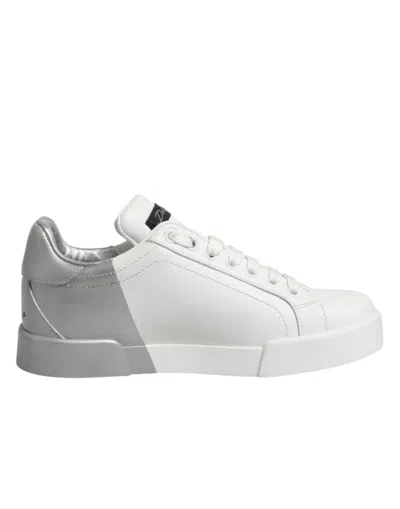 Dolce & Gabbana White Gray Low Top Leather Sneaker Women's Shoes