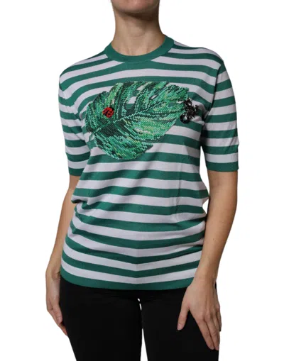 Dolce & Gabbana White Green Stripe Leaf Crew Neck T-shirt In Multi