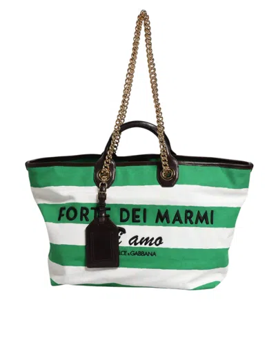Pre-owned Dolce & Gabbana White Green Stripes Canvas Gold Chain Tote Women's Bag ()