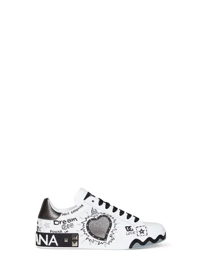 Dolce & Gabbana White Hand-painted Leather Portofino Low-top Sneakers In Multi