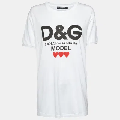 Pre-owned Dolce & Gabbana White Heart And Logo Print Jersey Crewneck T-shirt L