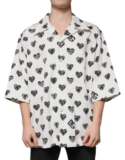 Dolce & Gabbana White Heart Print Short Sleeve Casual Shirt In Black/white