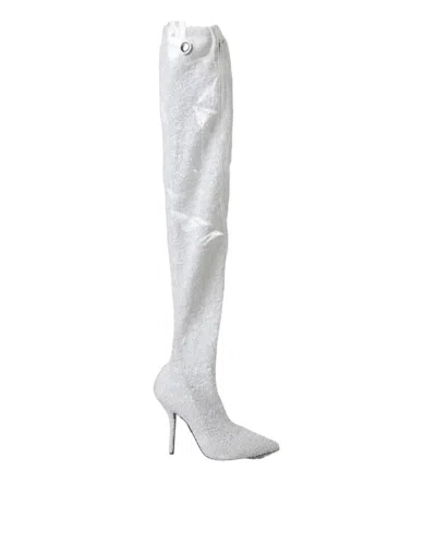 Dolce & Gabbana White Heels Stiletto Knee High Boots Shoes In Silver