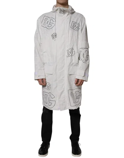 Pre-owned Dolce & Gabbana White Hooded Parka Polyester Trench Coat Men's Jacket ()
