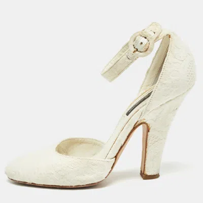 Pre-owned Dolce & Gabbana White Jacquard Fabric Ankle Strap Pumps Size 37