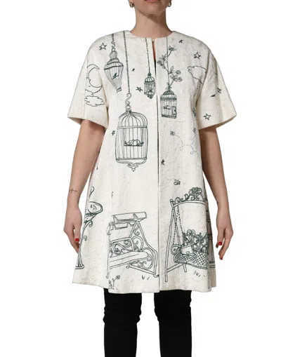 Dolce & Gabbana White Jacquard Garden Print Coat Jacket In Neutral