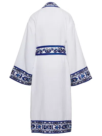 Dolce & Gabbana White Kimono Bathrobe With Blu Mediterraneo Trim In Cotton