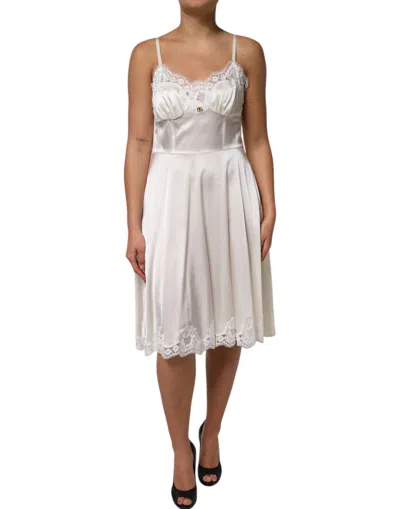 Dolce & Gabbana White Lace Dg Logo Silk Dress Sleepwear In Neutral