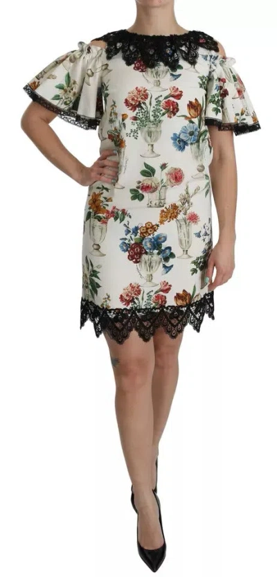 Pre-owned Dolce & Gabbana White Lace Floral Vase Shift Mini Women's Dress ()