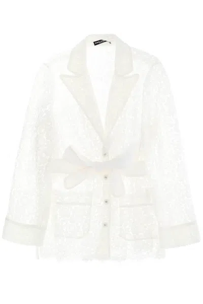 DOLCE & GABBANA WHITE LACE JACKET WITH WAIST BELT AND LAPEL COLLAR