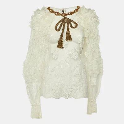 Pre-owned Dolce & Gabbana White Lace Rope Embellished Sheer Top L