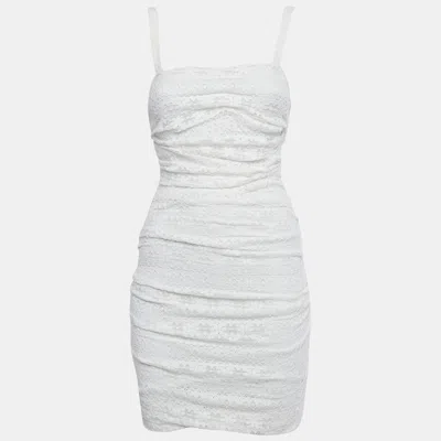 Pre-owned Dolce & Gabbana White Lace Ruched Sleeveless Mini Dress M