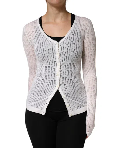 Pre-owned Dolce & Gabbana White Lace Silk Knit Long Sleeves Cardigan Women's Top ()
