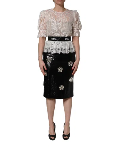 Dolce & Gabbana White Lace Top Embellished Black Skirt Dress In Multi