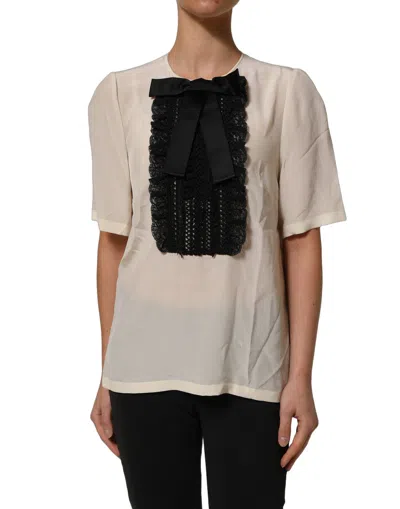 Dolce & Gabbana White Lace Trim Bow Short Sleeves Blouse Women's Top