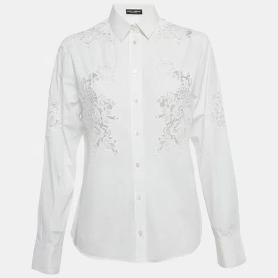 Pre-owned Dolce & Gabbana White Lace Trim Cotton Long Sleeve Shirt S