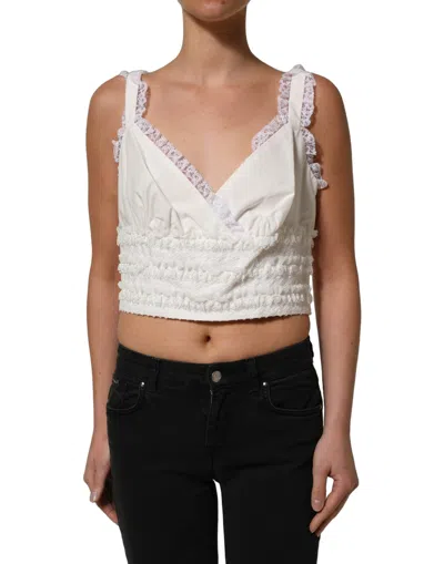 Pre-owned Dolce & Gabbana White Lace Trimmed Cotton Cropped Tank Women's Top ()
