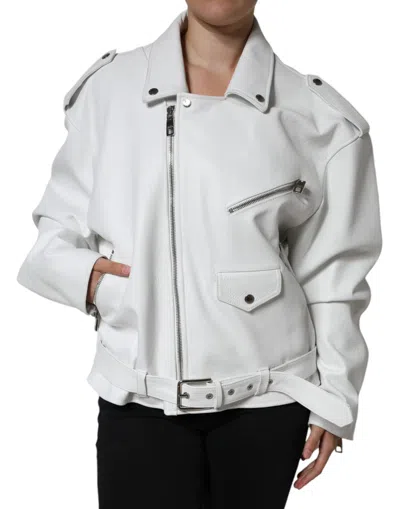 Pre-owned Dolce & Gabbana White Lambskin Leather Biker Coat Women's Jacket ()