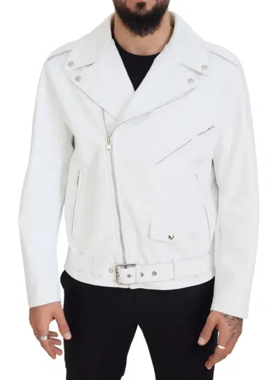 Pre-owned Dolce & Gabbana White Leather Biker Coat Zipper Men's Jacket ()