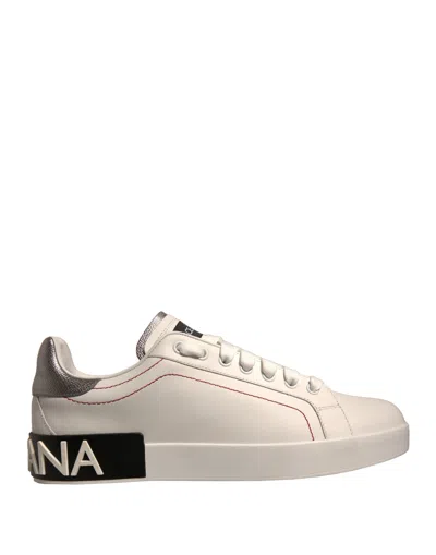 Dolce & Gabbana Leather Classic Low Top Trainers Women's Shoes In Bianco Argento