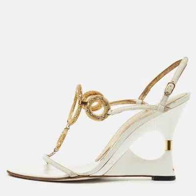 Pre-owned Dolce & Gabbana White Leather Crystal Embellished Wedge Sandals Size 38