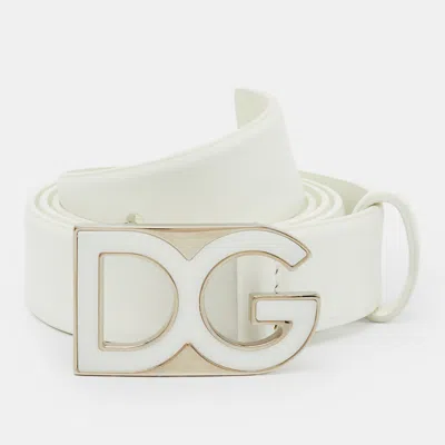 Pre-owned Dolce & Gabbana White Leather Dg Logo Waist Belt 100cm