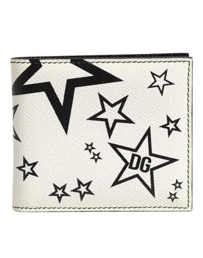 Pre-owned Dolce & Gabbana White Leather Dg Star Logo Bifold Men Card Holder Men's Wallet ()