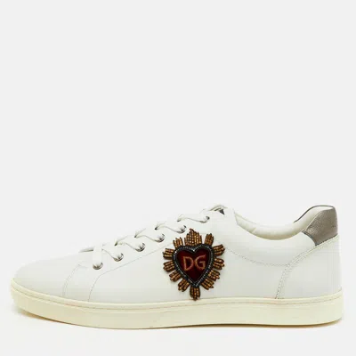 Pre-owned Dolce & Gabbana White Leather Embellished Heart Portofino Sneakers Size 45