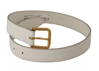 Pre-owned Dolce & Gabbana White Leather Gold Logo Engraved Metal Buckle Women's Belt ()
